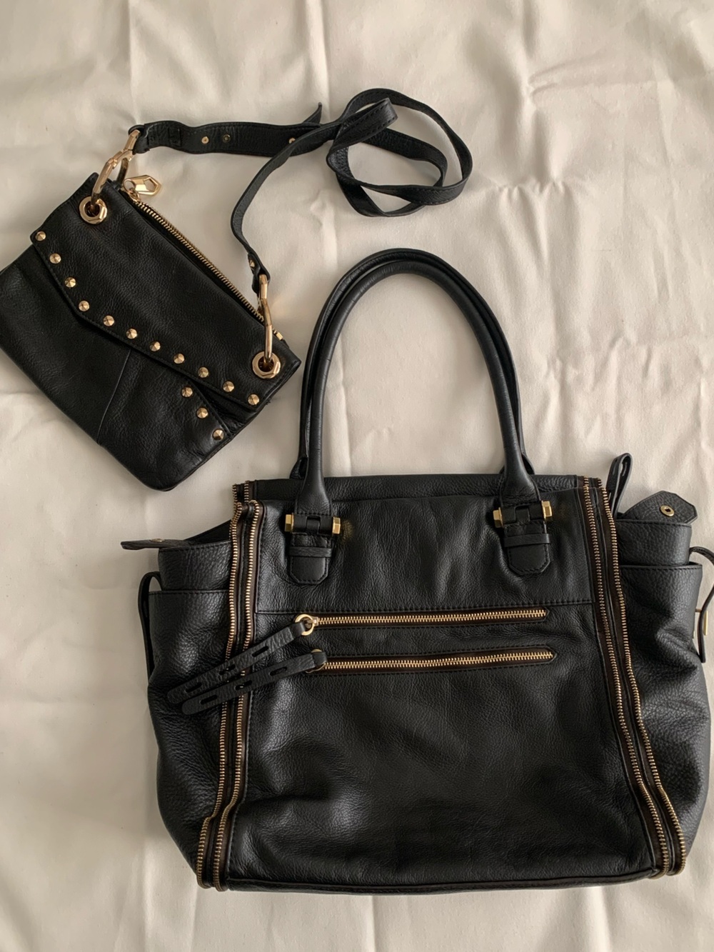 orYANY Black Leather Tote with Gold Hardware and Matching Crossbody